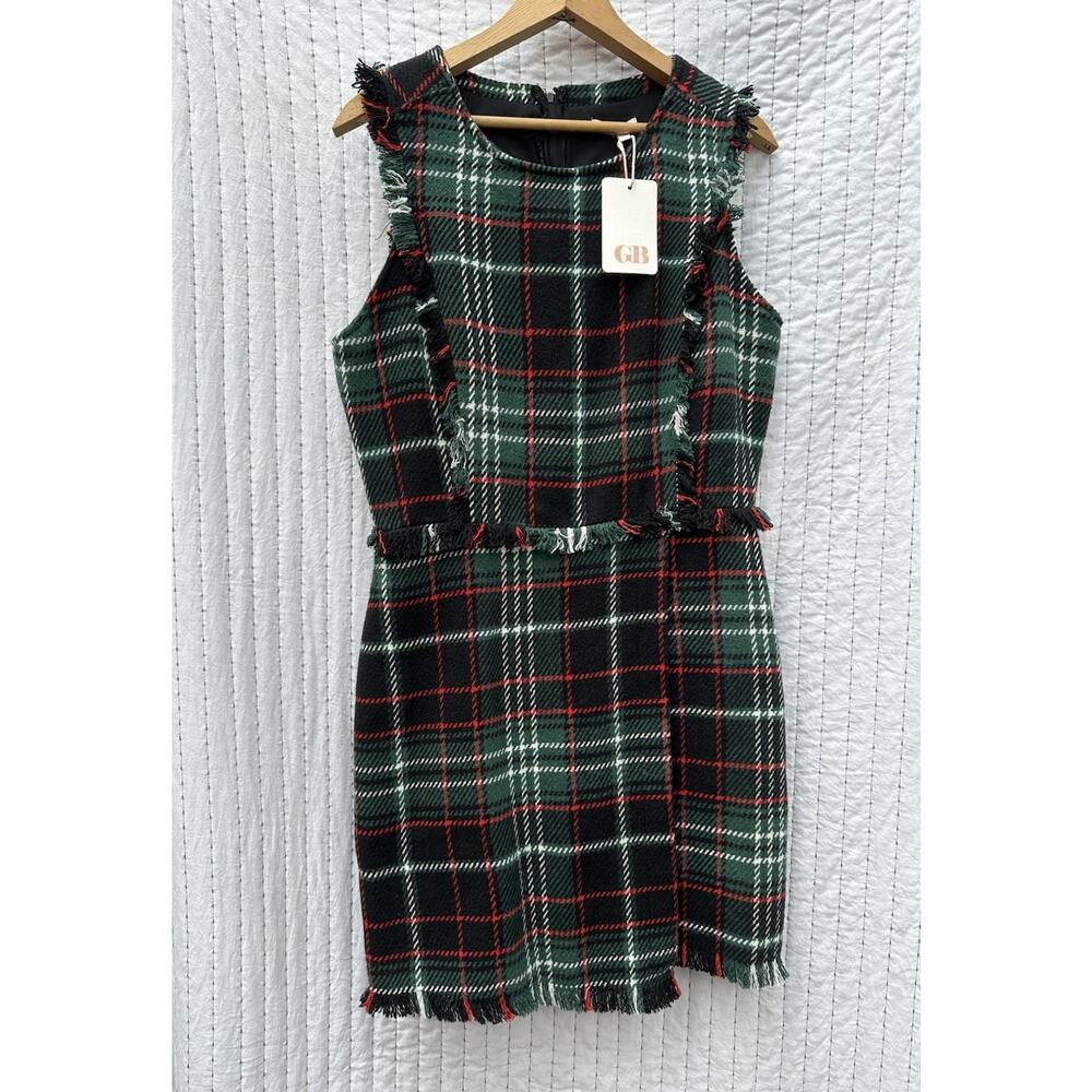 GB Dress Tweed Christmas Plaid Red Green Fringe Large Juniors Sleeveless Holiday
